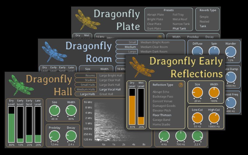 Dragonfly Reverb suite — Plate, Room, Hall and Early Reflections, with the Phat Tank preset